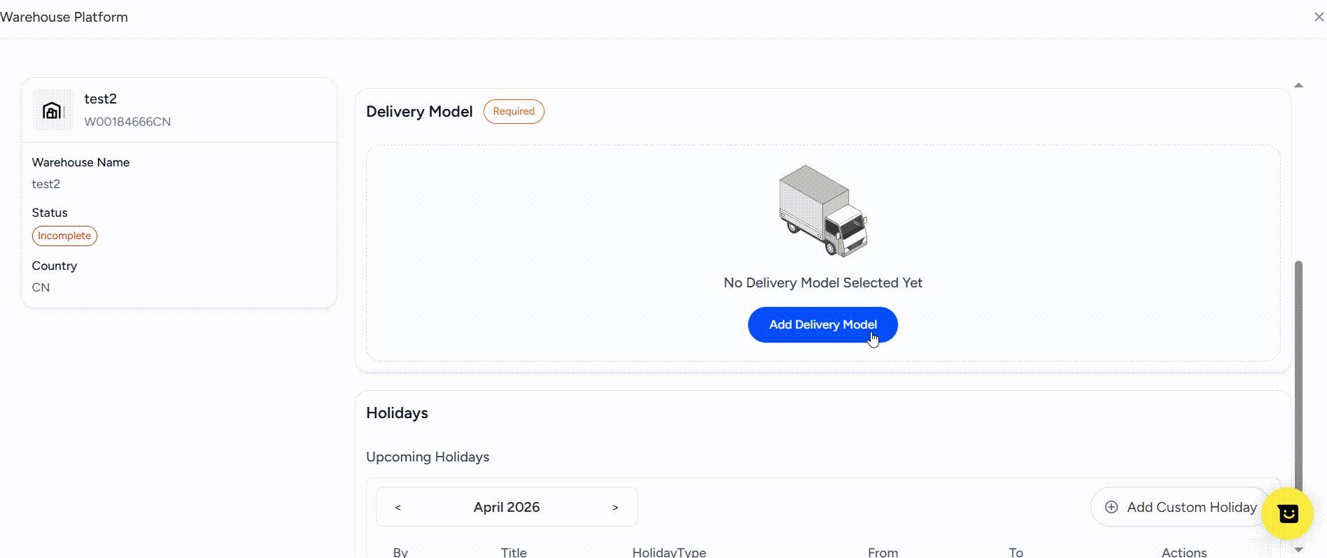 通过 Add Delivery Model 添加站点配送模式